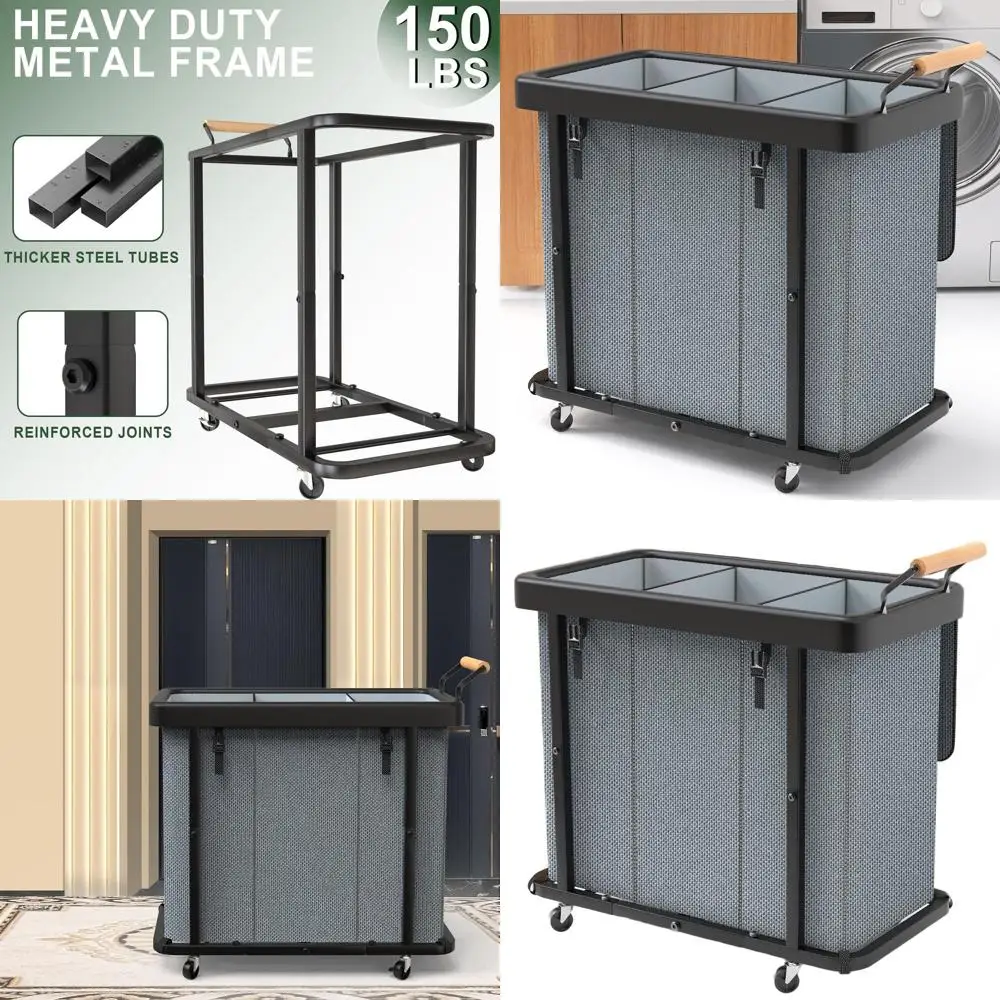 

Large 60 Gallon 3-Section Rolling Laundry Sorter with Lid and Handle for Storage in Laundry Rooms and Hotels, Grey