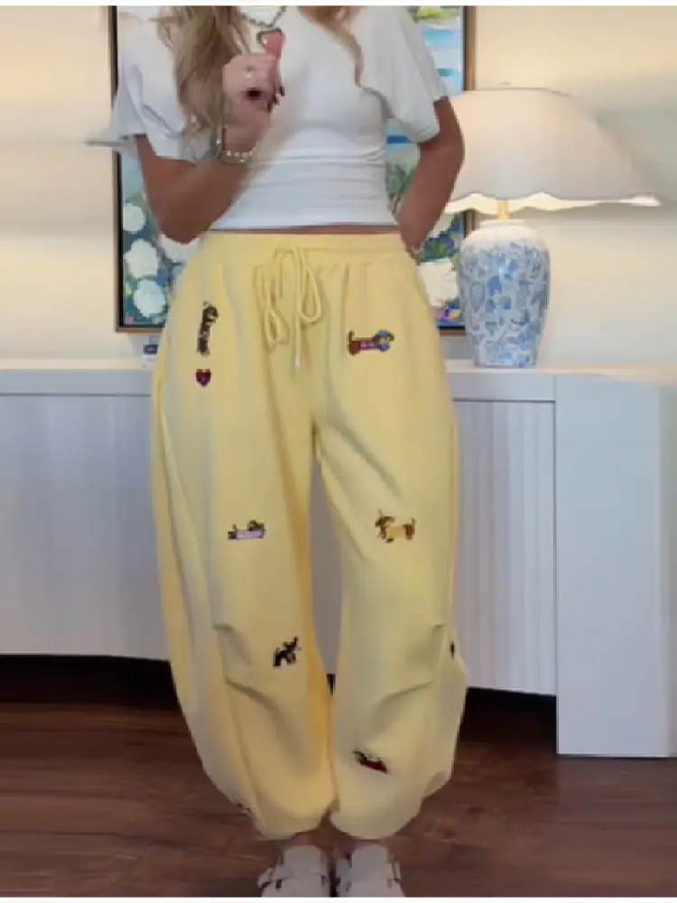 الأمريكية العصرية الهيب هوب السجق الكلب التطريز سراويل تقليدية المرأة فضفاضة مستقيم الساق Sweatpants 2025 الخريف سراويل شتوية #5