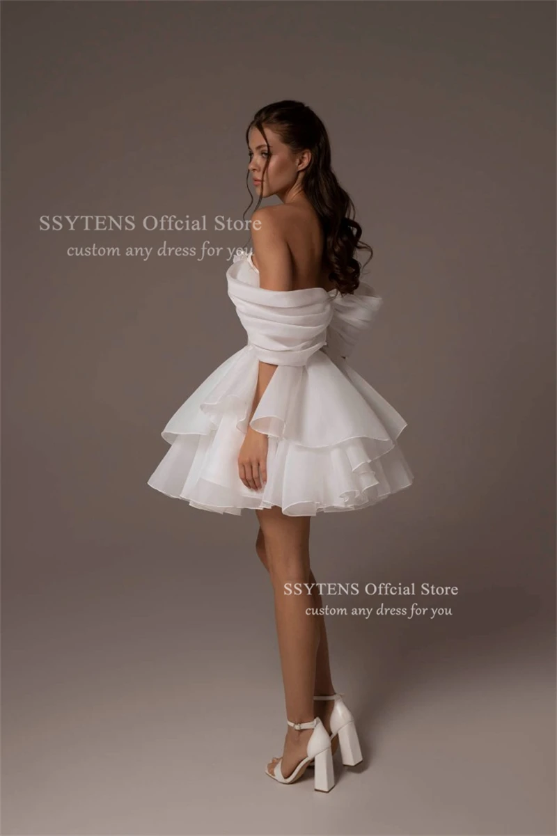 Ssytens chique mini vestidos de casamento babados vestidos de noiva em camadas organza fora do ombro branco uma linha robes de celebridade personalizado