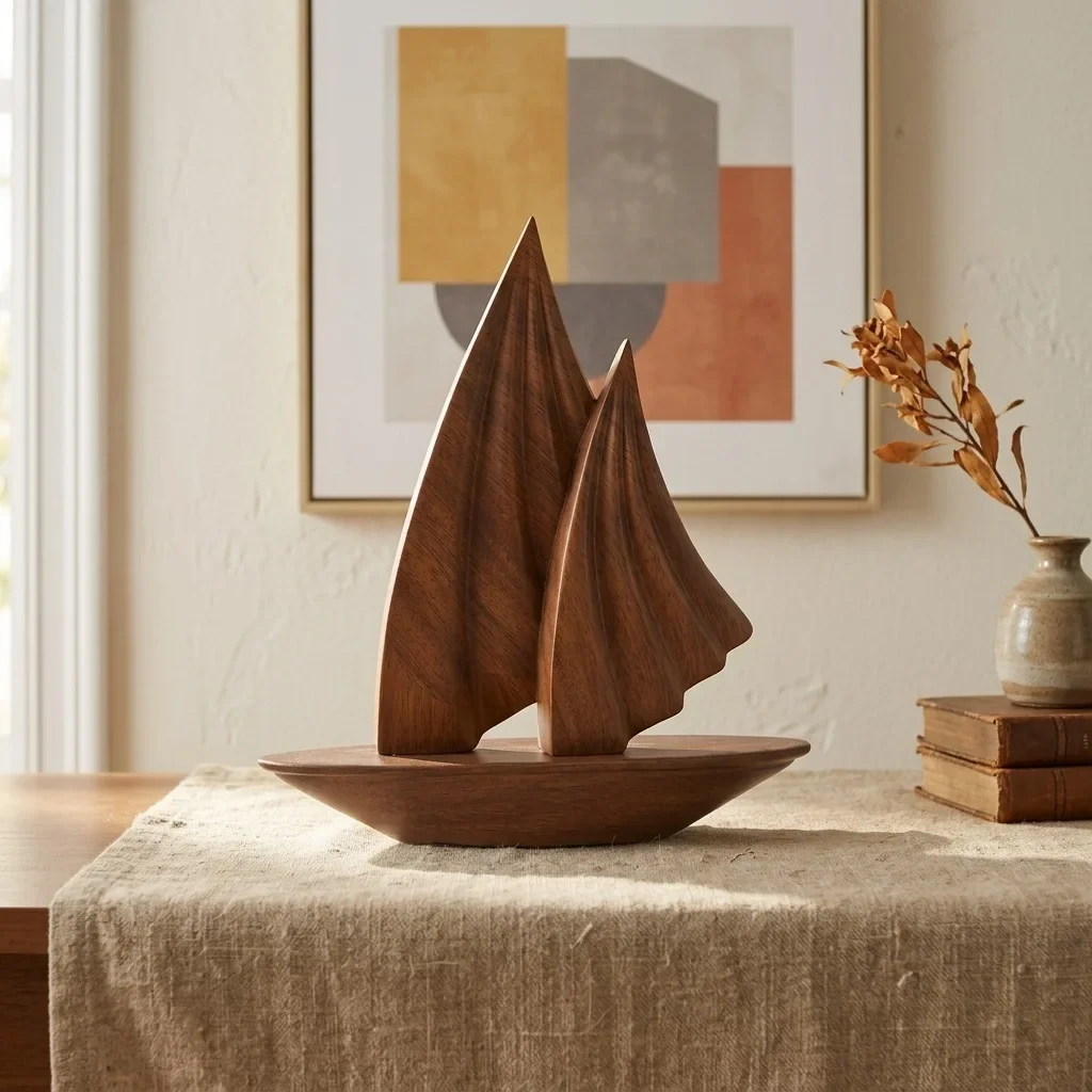 Abstract Sailing Boat Resin Handicraft Wood Grain Pattern Sailing Boat Sculpture Handmade Ornament Home Decoration Accessories