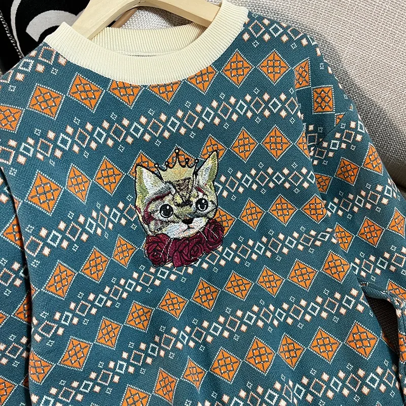 Argyle Kitty Embroidered Sweater Jumpers Women Vintage Stylish Fashion Loose Pullover Tops Long Sleeve O-neck Chic Knitwear 2023