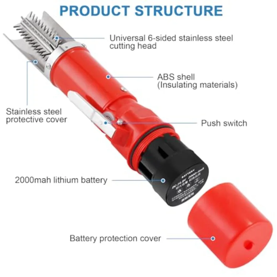 Electric fish scaler for kitchen use, stainless steel blade, black body, cordless design with dual-hand grip and extra battery
