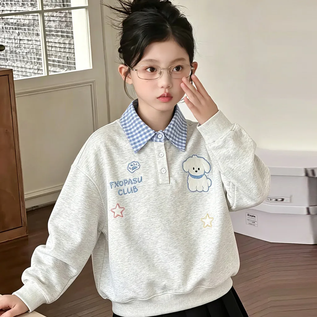 Girls Sweatshirt Autumn Polo Plaid Collar Cute Dog Patch Embroidery Children Tops 2026