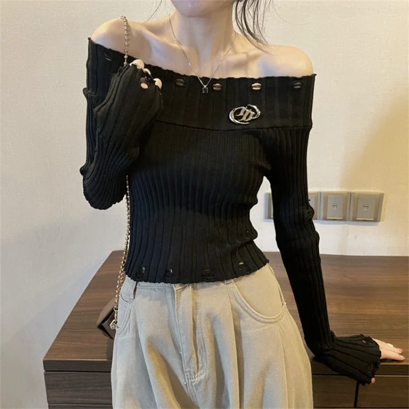 Old One-shoulder Sweater for Women's Autumn New Slim Base French Top