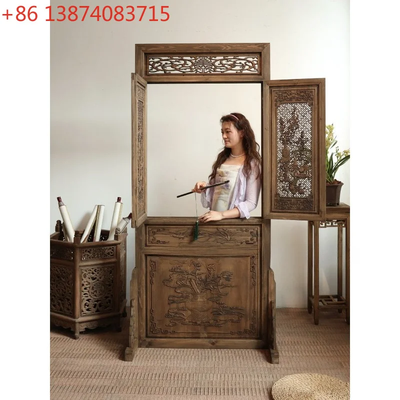 Chinese antique photography flower window, old can open the door antique carved screen partition