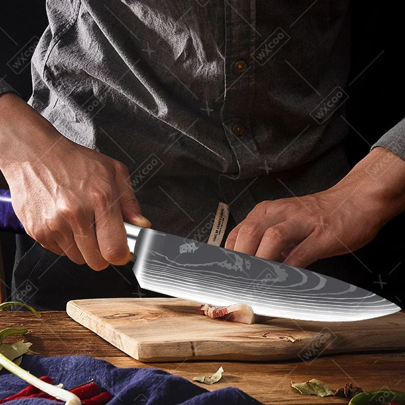 WXCOO Japanese Kitchen Chef Knives Laser Damascus Pattern Ultra-Sharp Santoku Knife Meat Cleaver Fruit Peeler Fish Fillet Knife view 5