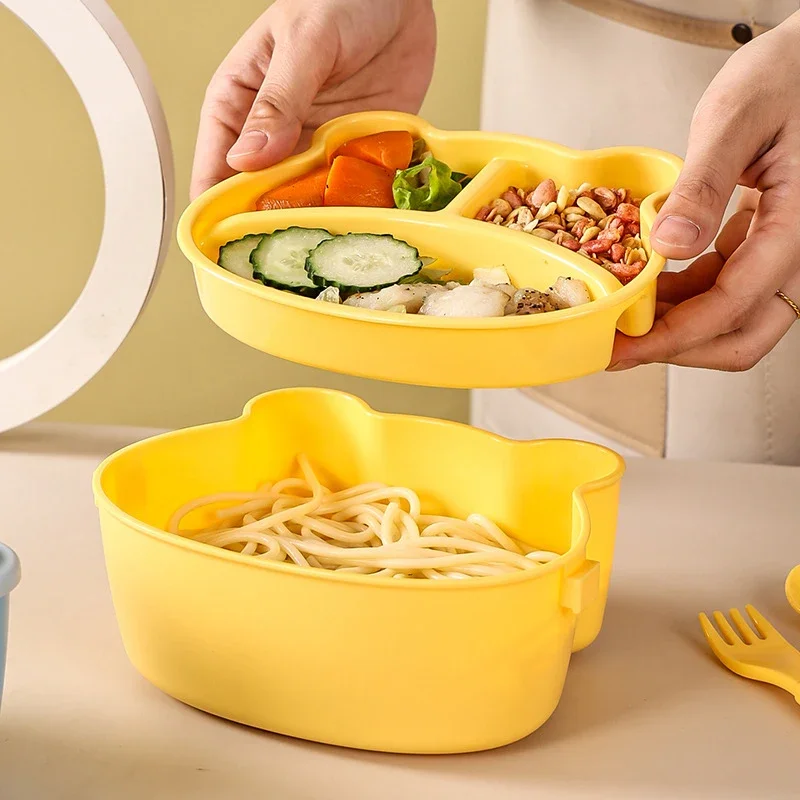 Cute Cat Shaped Lunch Box Double Layer Food Container with Fork and Spoon Microwave Children Bento Box