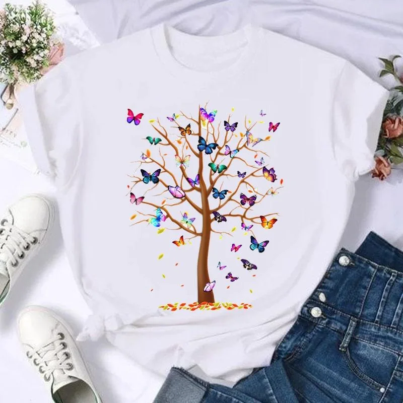T-shirt à manches décontractées avec imprimé floral, oiseaux, papillons et arbres, inspiré de la nature, pour les amateurs d'art en plein air, style Harajuku, vêtements esthétiques