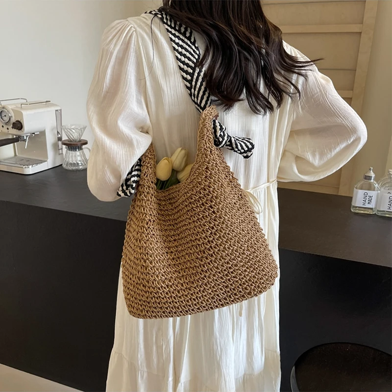 Straw Woven Straw Beach Bag Fashion Large Capacity Knot Shoulder Straps Single Shoulder Bag Tote Bag Travel