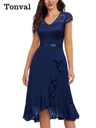 Tonval Ruffles Asymmetrical Hem Elegant Lace Ladies Long Dresses for Women 2023 V-Neck High Waist Cocktail Party Dress