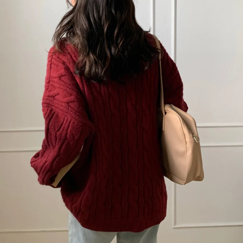 Single Breasted Knitted Autumn Sweater Women Twisted Jumpers Loose Casual Vintage Soft Knitwear Thicken Outwear Burgundy