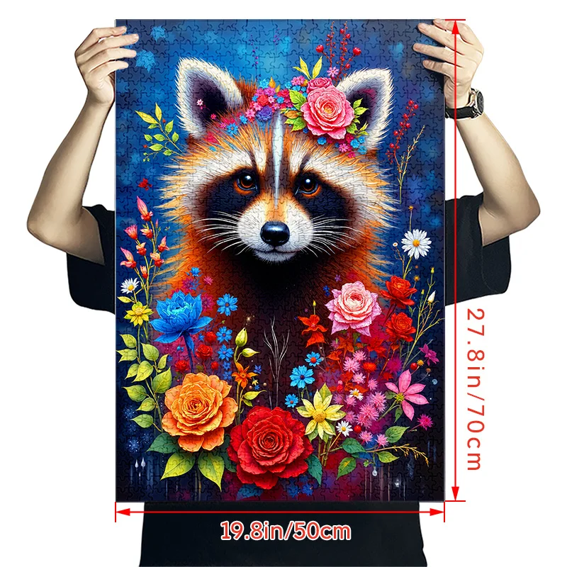 1000pcs Charming Raccoon & Floral Jigsaw Puzzle - Large, Vibrant Paper Puzzle for Adults, DIY Brain-Challenging Family Game, S