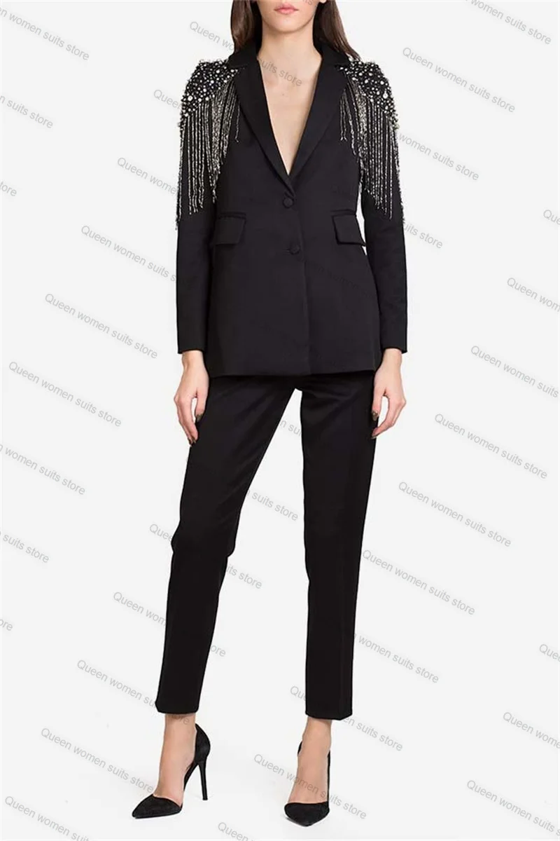 Crystal Tassel Black 2 Pieces Women Suit Pants Set Blazer+Straight Trousers Formal Office Coat Customized Wedding Prom Jacket