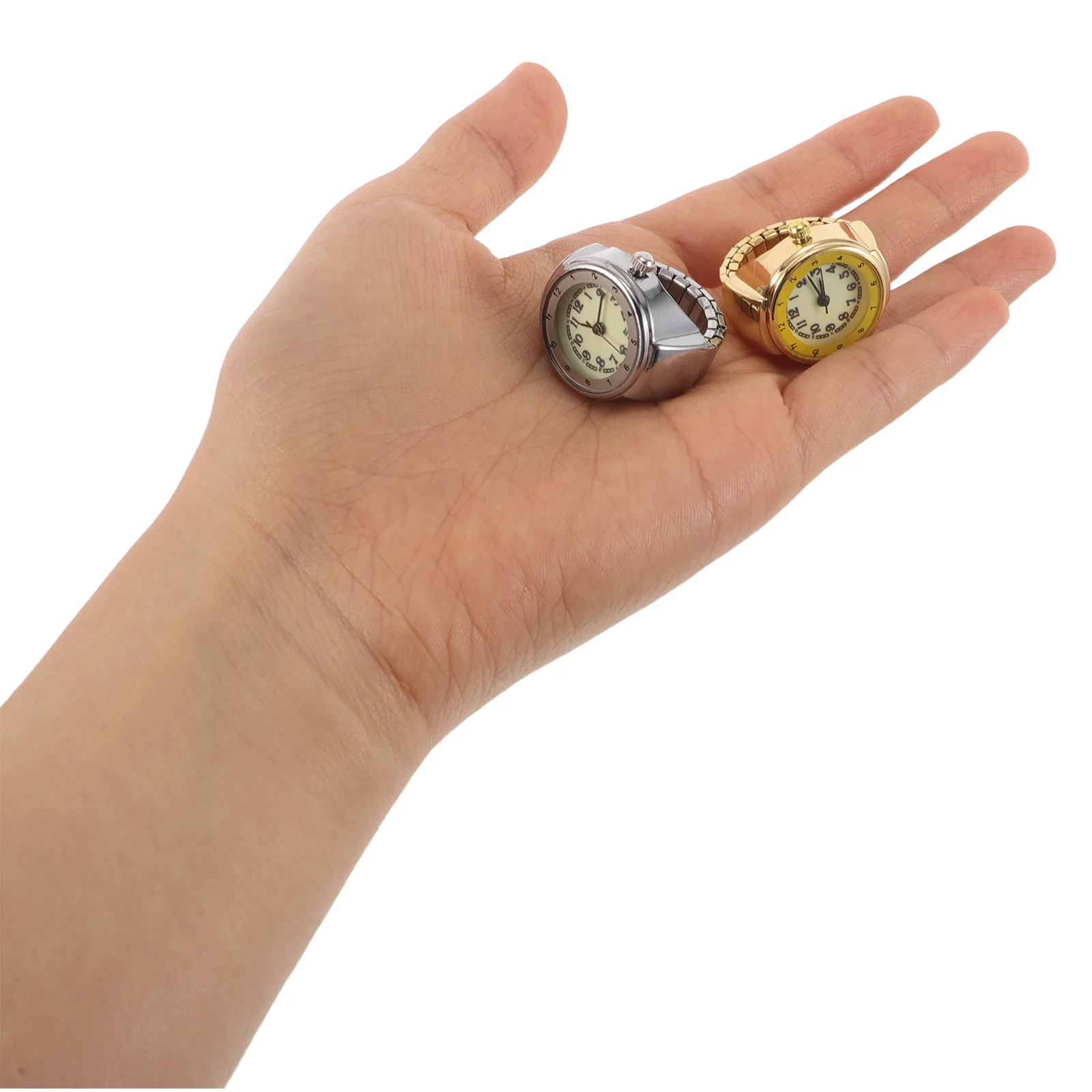 

2Pcs Mini Ring Watch Finger Luminous Dial Retro Analog Quartz Stretch Band Stainless Steel Unisex Accessory