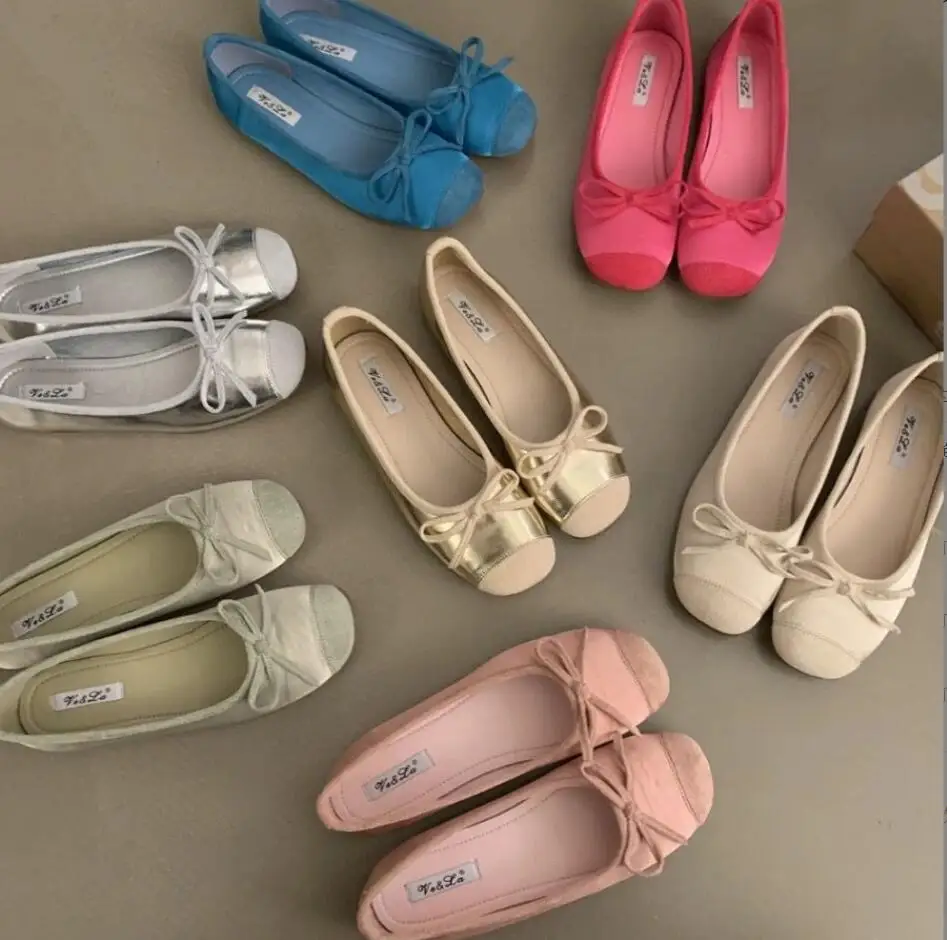 Elegant Flat Shoes Women Ballerinas Square Toes Bowtie Slip on Ballet Flats Lazy Loafer Moccasins Ladies Casual Flats Mules Shoe