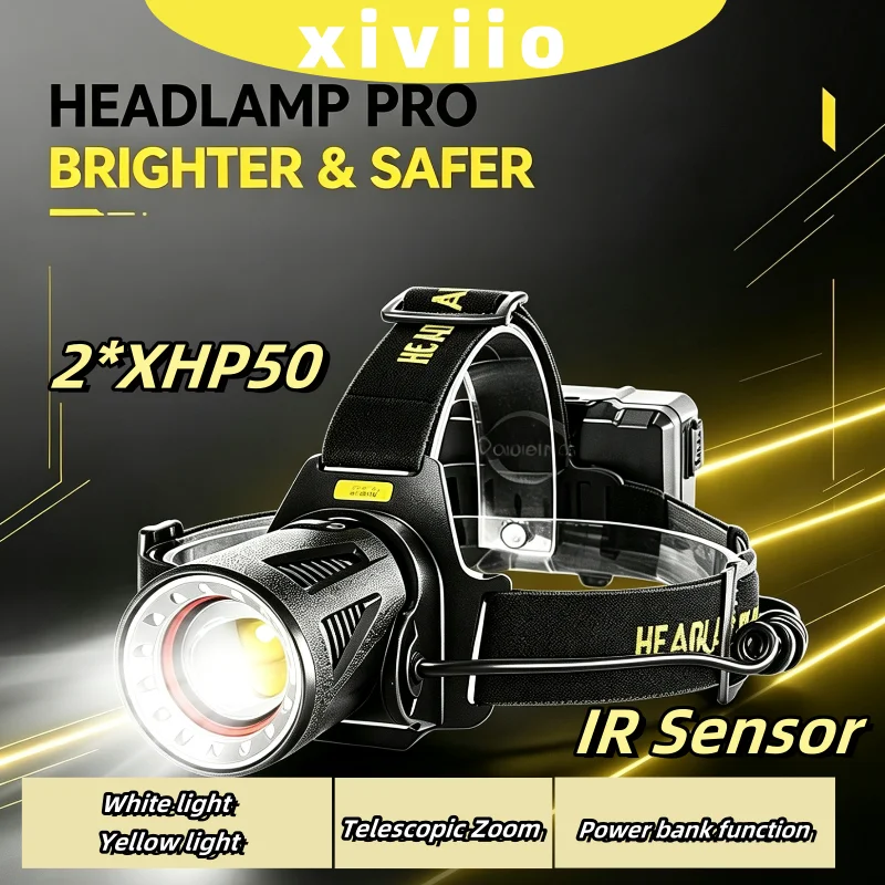 2*XHP50 IR Sensor Headlamp Dual White Warm Light Zoomable Headlight Power Bank Function Waterproof Head Torch Fishing Camping