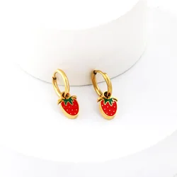 New Strawberry Hoop Earrings For Women Girls Korean Cute 18K Gold Plated Stainless Steel Piercing Casual Stud Earrings Accessory