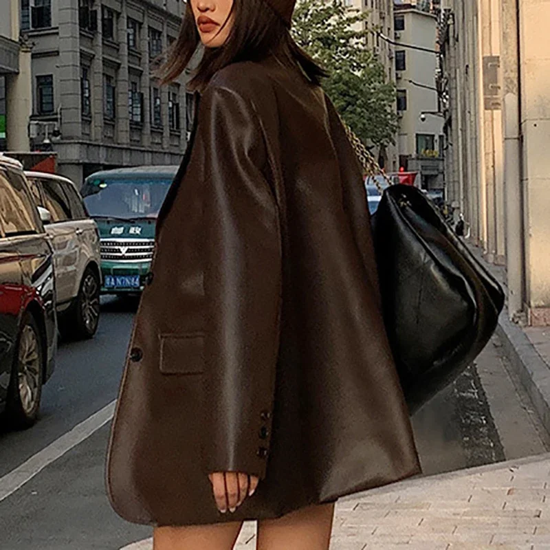 Damska kurtka retro z luźnym krojem, wykonana ze skóry PU, nowa kolekcja jesienna, wysoka jakość, styl casual, top do garnituru, styl miejski, długi rękaw, moda high street.