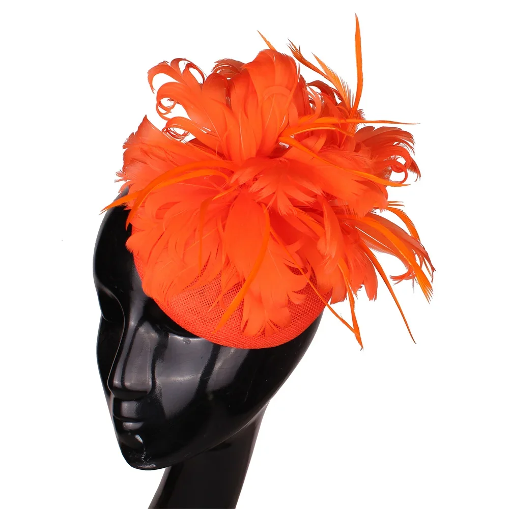 Orange Fascinator Hats For Women Elegant With Feather Flower Adorn Headpiece Lady Imitation Linen Elegant Women Millinery