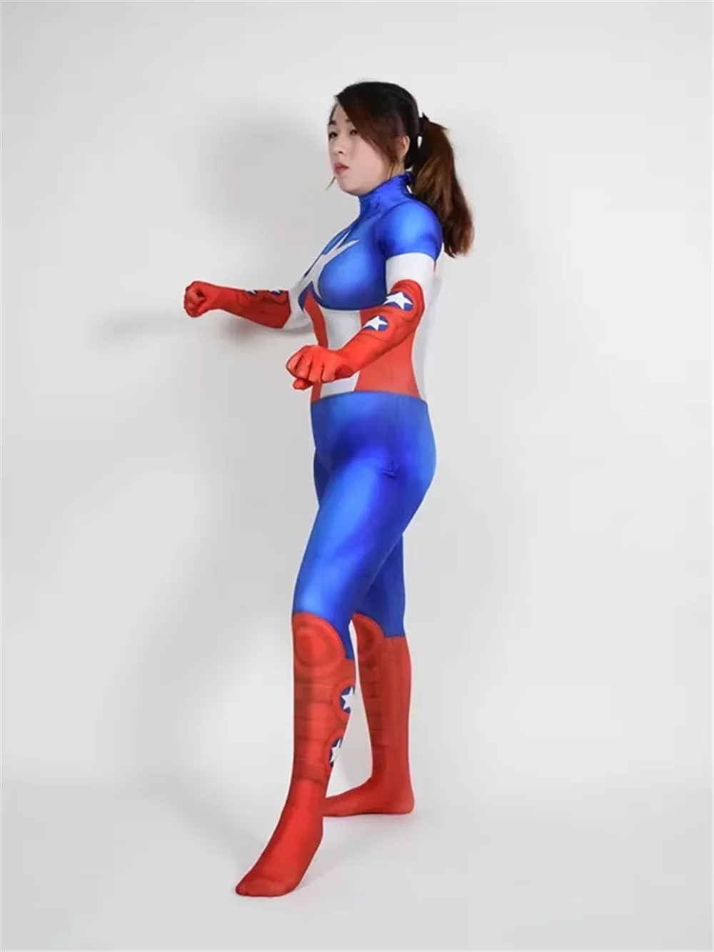ผู้ใหญ่กัปตันคอสเพลย์เครื่องแต่งกายฮาโลวีนปาร์ตี้หญิงสาวผู้หญิง Jumpsuits Superhero Zentai บอดี้สูท