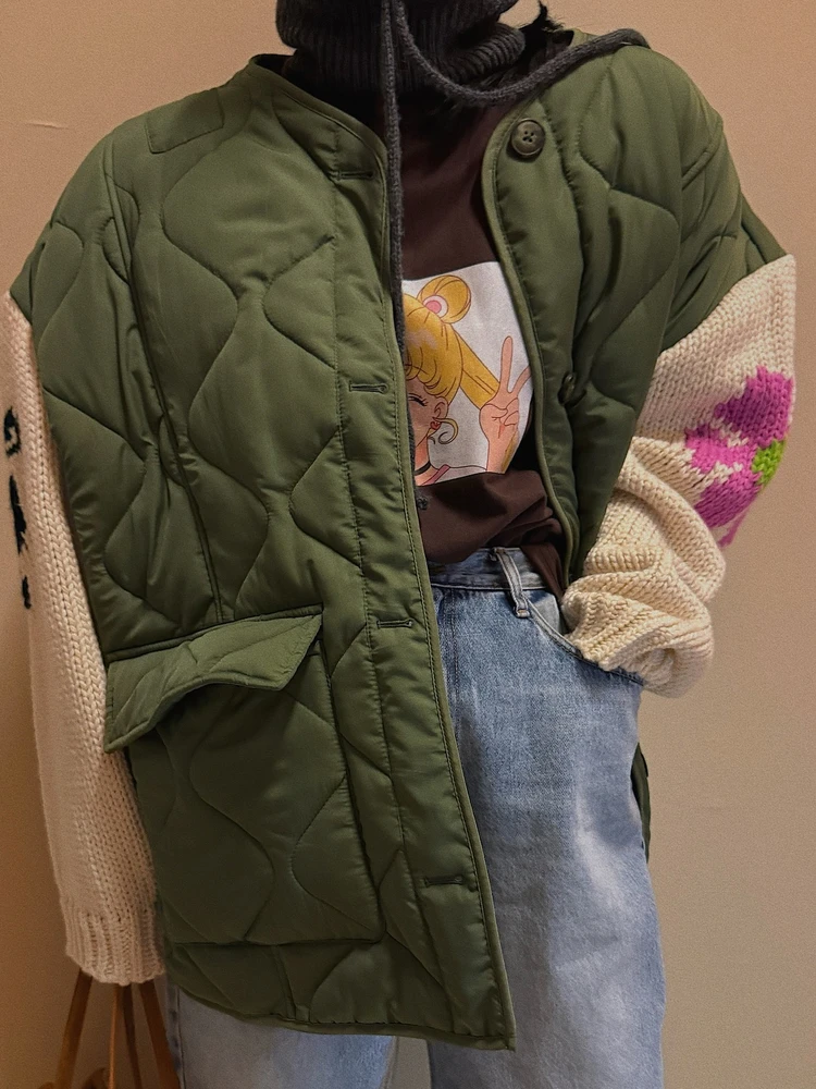 

Loose Women's Knitted Cotton Jaet with Patchwork Sves And Thermal Cotton Inlay Long Sve round Ne Mid-Length Coat