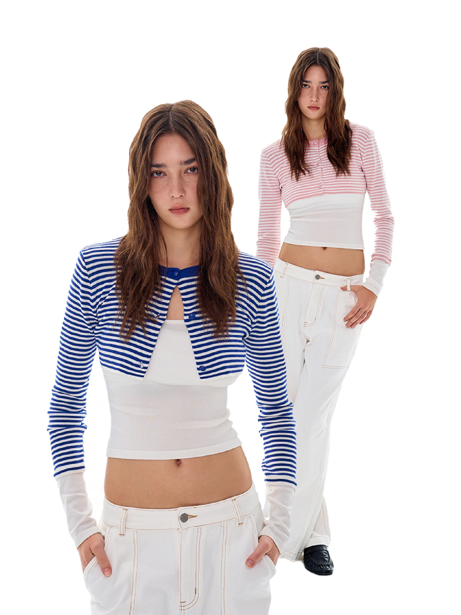 

Slim Fit Striped Woolen Knitted Open Cardigan Top Casual Sle Fake Two-Piece Design Long Sve round Ne ort Length