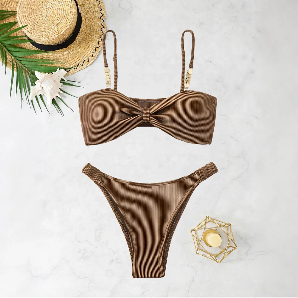 

Vintage Striped Brown Bandeau Bikini Set, Gold Accent Adjustable Strap Elegant Beach Vacation Swimsuit Two Pieces