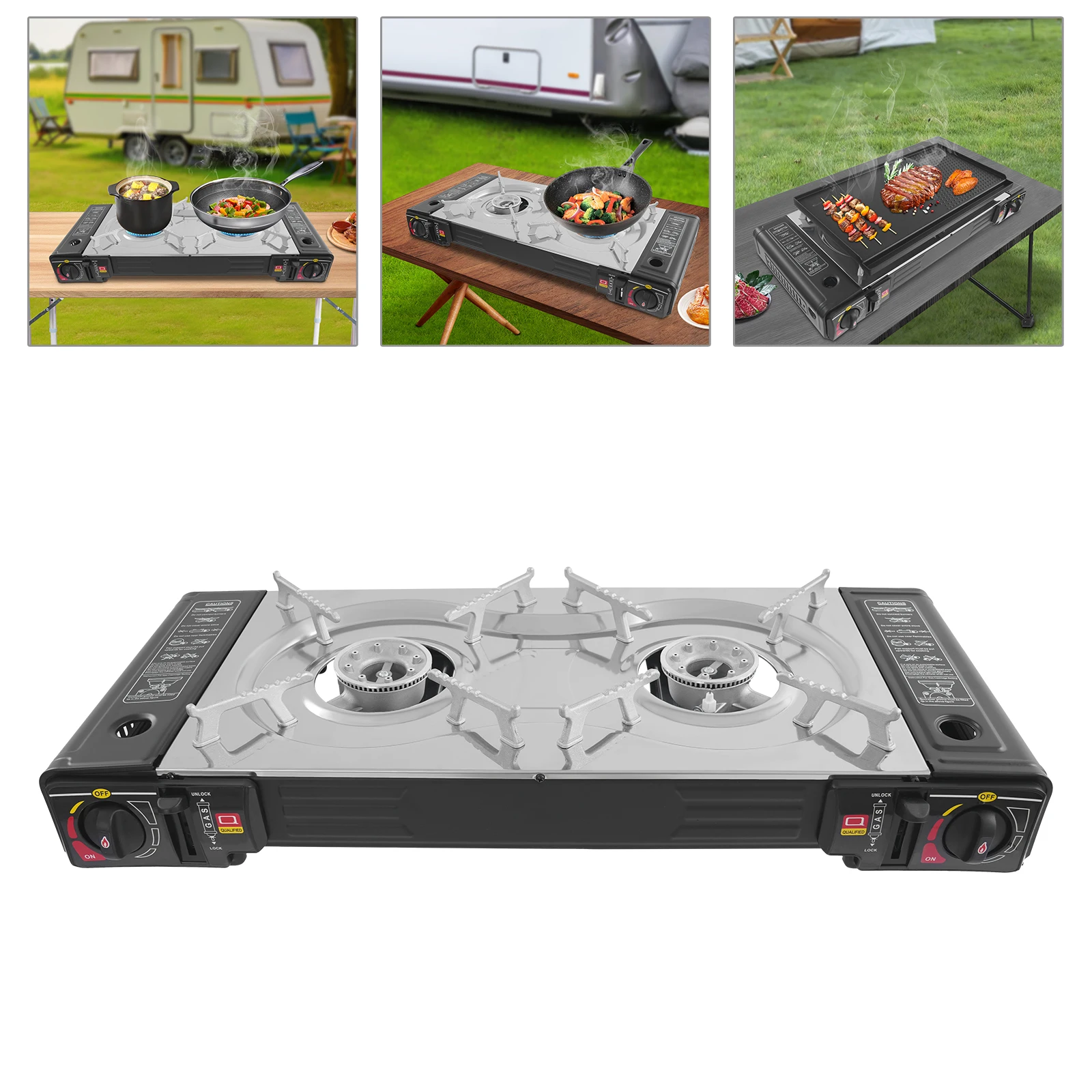 

NEW Portable Butane Camping Stove,2Burners Camping Stove w/Carrying Case&Baking Pan for Grilling, Boiling Pasta 2100-2500W