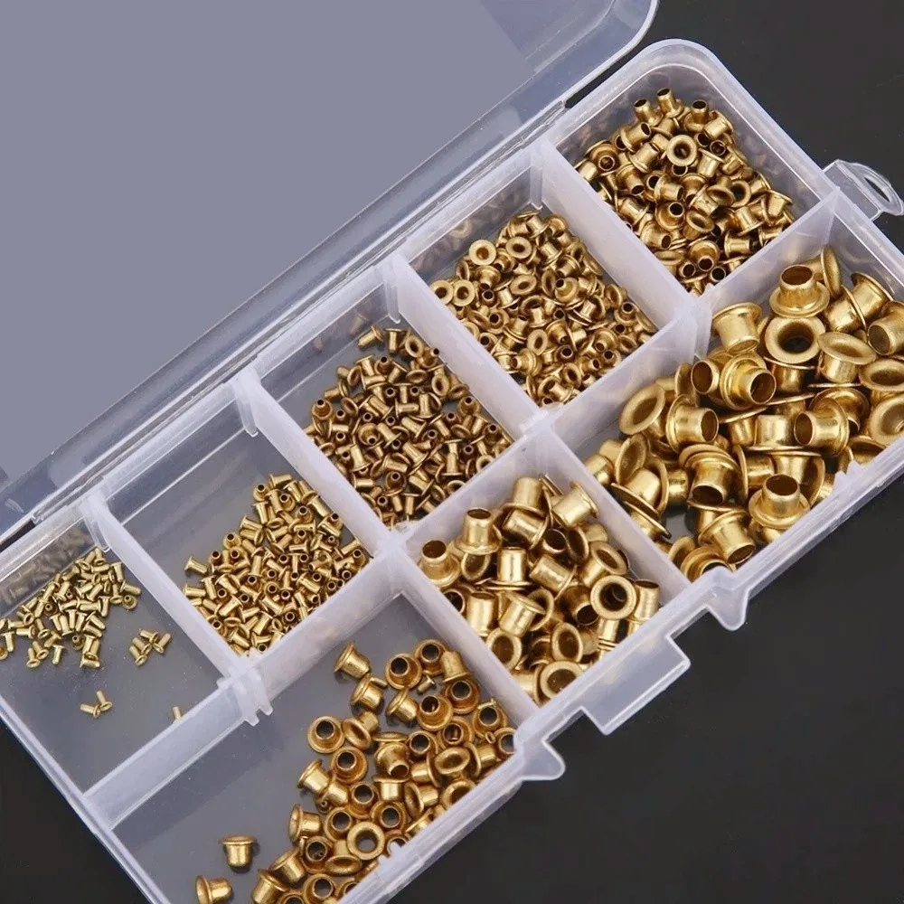 650 PCS Hollow 8 Sizes Leather Rivets Kit Brass Gold Brass Eyelets M0.9-M5 Binding Screws for Leather Craft and Bookbinding