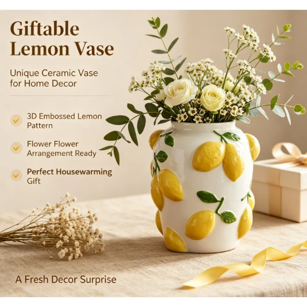 Cute 3D Embossed Lemon Ceramic Vase, Simple Aesthetic Hydroponic Flower Planter, Art Desktop Flower Arrangement Vase for Home