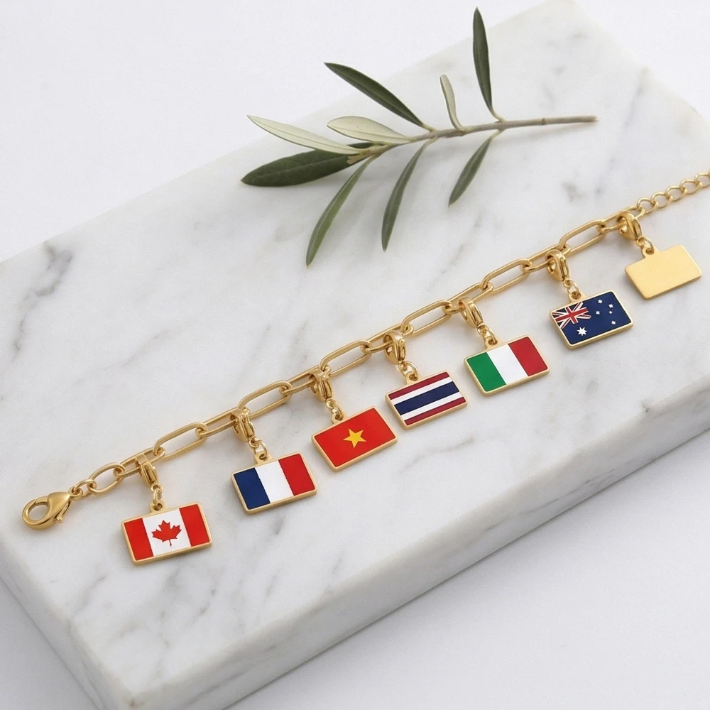 Fashion Gold Color Square Flags DIY Making Charms Pendant For Women Men Stainless Steel Neckalce Accessories Flags Jewelry