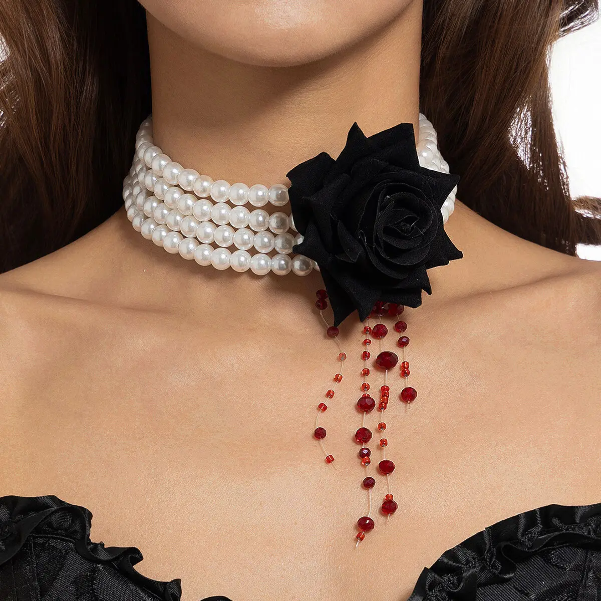 KunJoe New Gothic Black Red Crystal Tassels Chain Halloween Large Rose Flower Necklace Women Multi Layer Imitation Pearl Choker