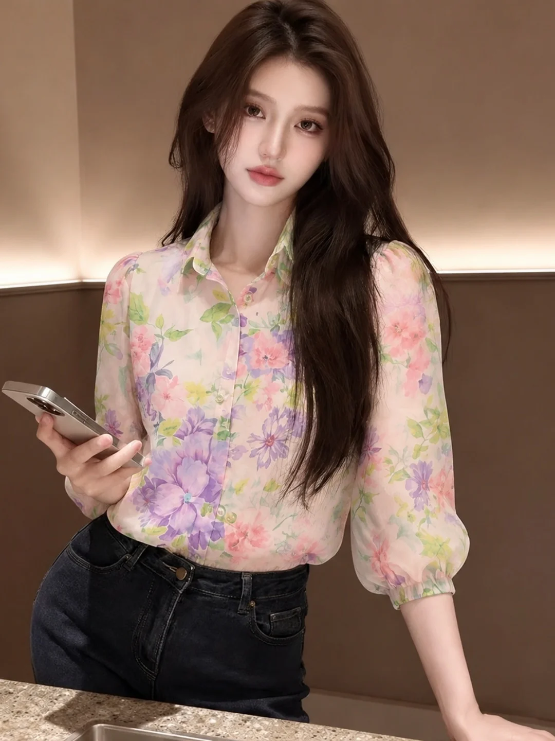 

Chic Floral Print Chiffon Shirt Summer 2026 Fashion Collar Ageless Versatile Loose Soft Top Women's Korean Style Straigh...