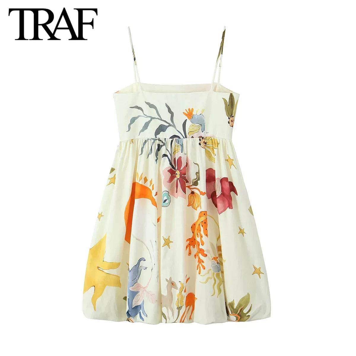 TRAF Women Fashion Summer Printing Loose Side Zip Sleeveless Backless Sling Mini Dress Chic Female French Elegance Evening