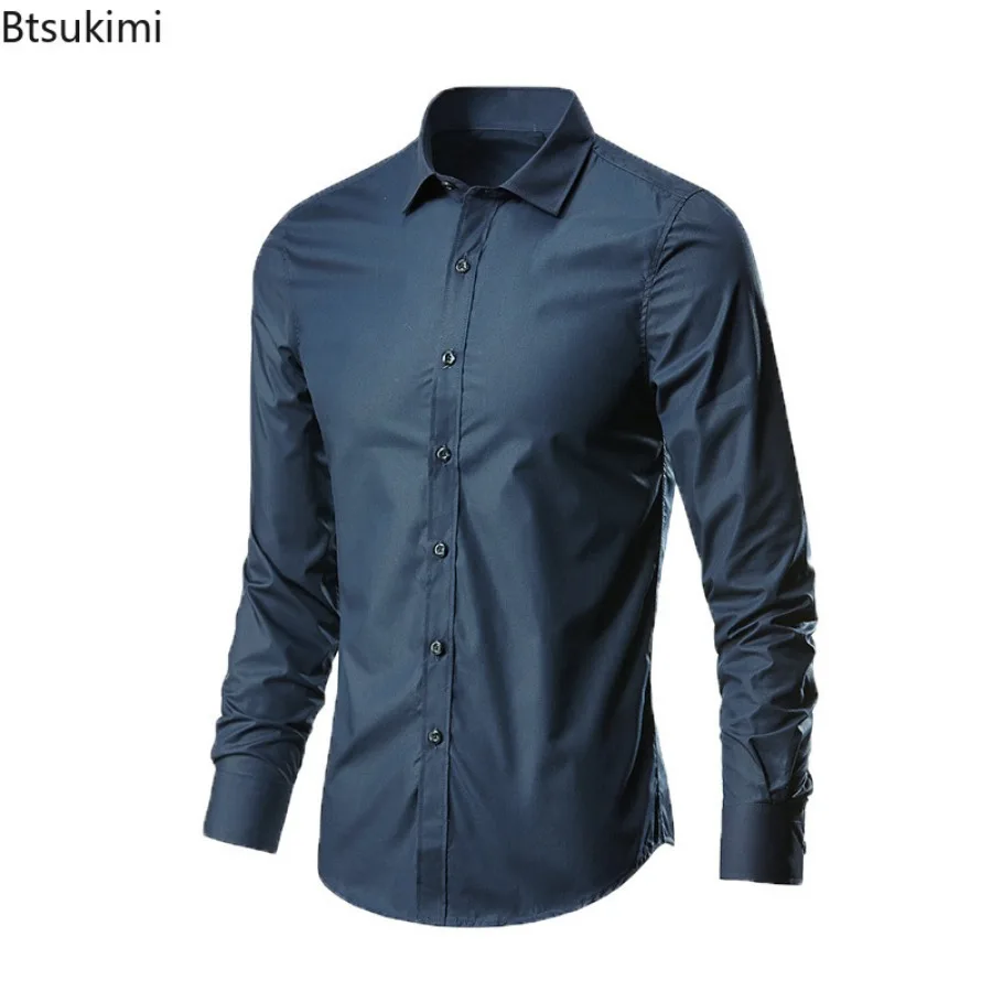 2024 Men's Dress Shirt Long Sleeve Non-iron Business Formal Clothes Fashion Solid Slim Casual Social Shirt Male Office Work Tops