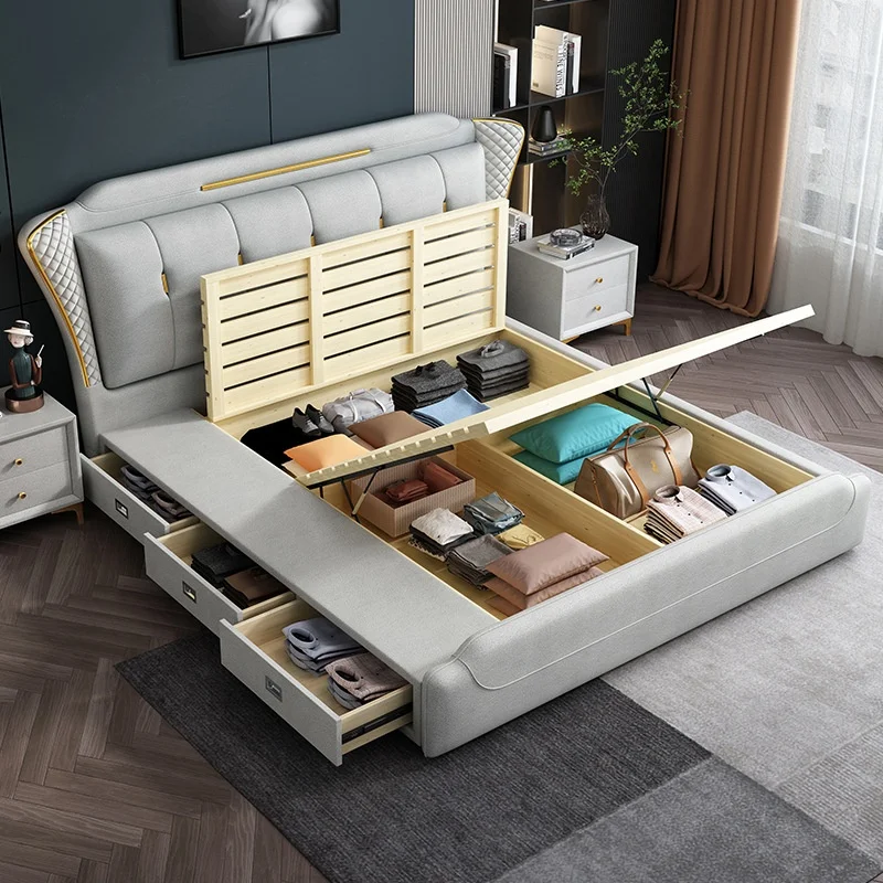 Popular Luxury Modern Bedroom Furniture Queen Size Wooden Double Beds Popular Up-holstered Leather Princess Bed