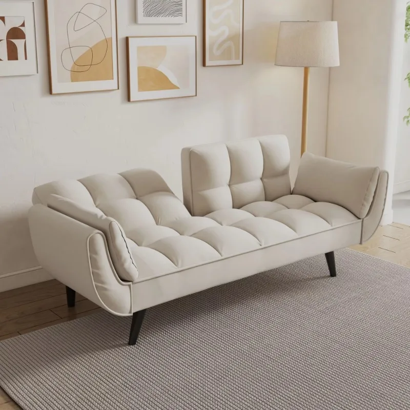 Beige sofa bed with two soft armrests and comfortable throw pillows