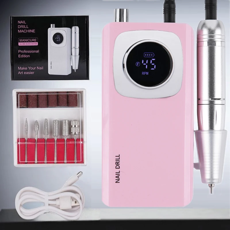 High Speed 45000RPM Rechargeable Nail Drill Machine with LCD Low Noise Professional Nail Polish Sander Nails Accessories Set