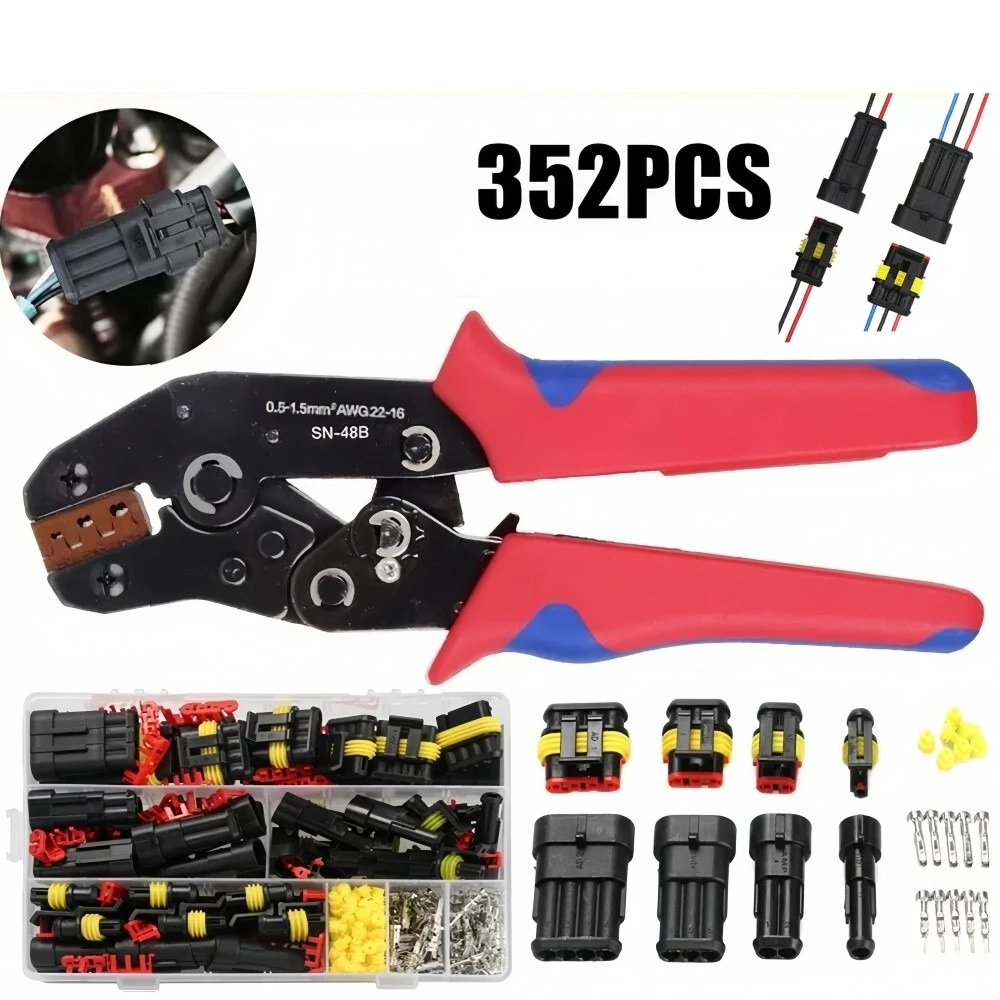 352x Set di Connettori Impermeabili per Cavi 1-4 Pin per Veicoli con Pinza Crimpatrice