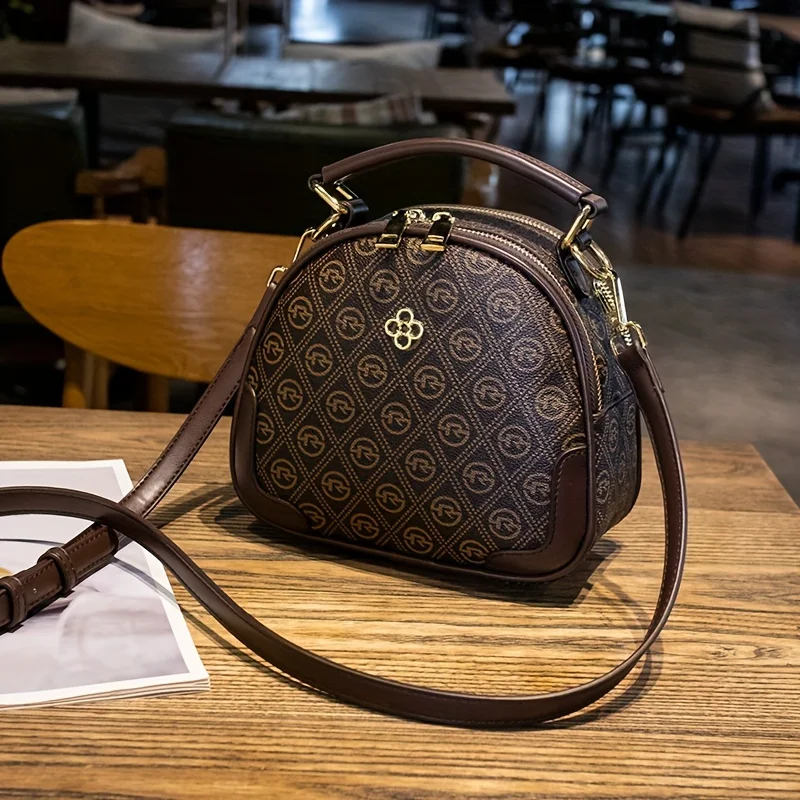 

Retro Printed Round Handbag, Women's Mini Crossbody Bag, Casual Top Handle Shoulder Purse For Daily Use
