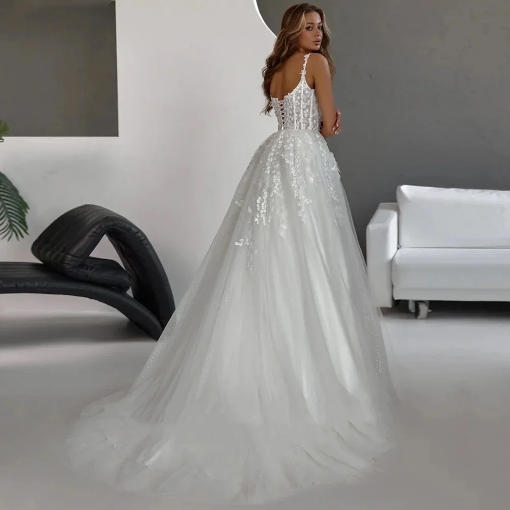 Vestido De Novia romántico De tul con perlas y flores, tirantes finos personalizados, cuello en V, línea A, Vestidos De Novia