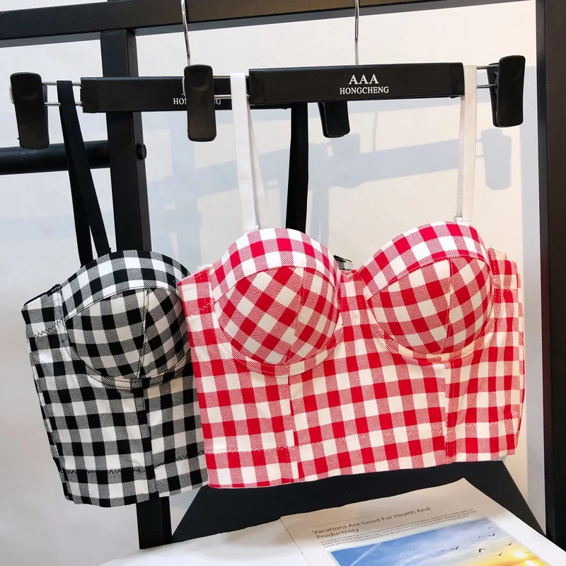 2022 Mesh Push Up Bralette Retro Bouncy Plaid Camisole Outside Wearing Short Navel Top Full Cup Gathered Fishbone Corset Summer