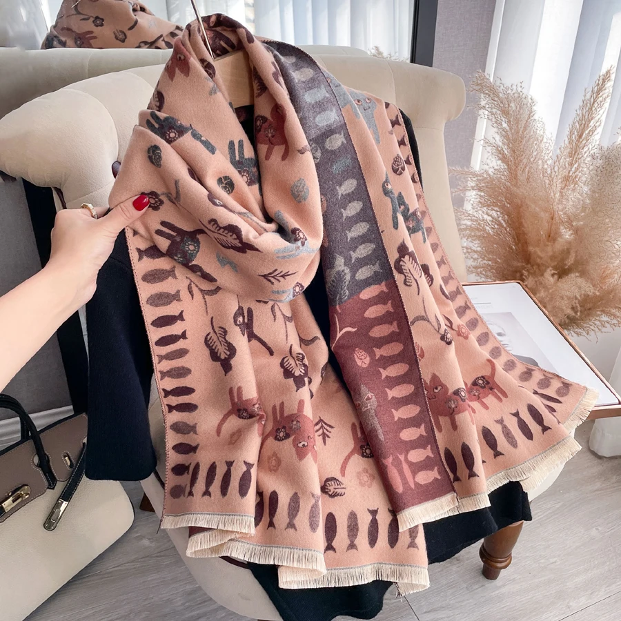 Novelty Cute Cat Fish Jacquard Feel Cashmere Scarf Long Shawl Women Winter Comfort Warm Neckerchief Bandelet Travel Pashmina