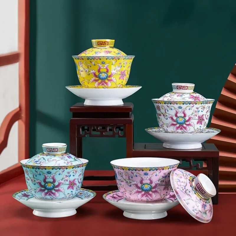 

Color Enamel Craft Porcelain Gaiwan Cup Bowl Set Saucer Lid Ceramic Tea Candy