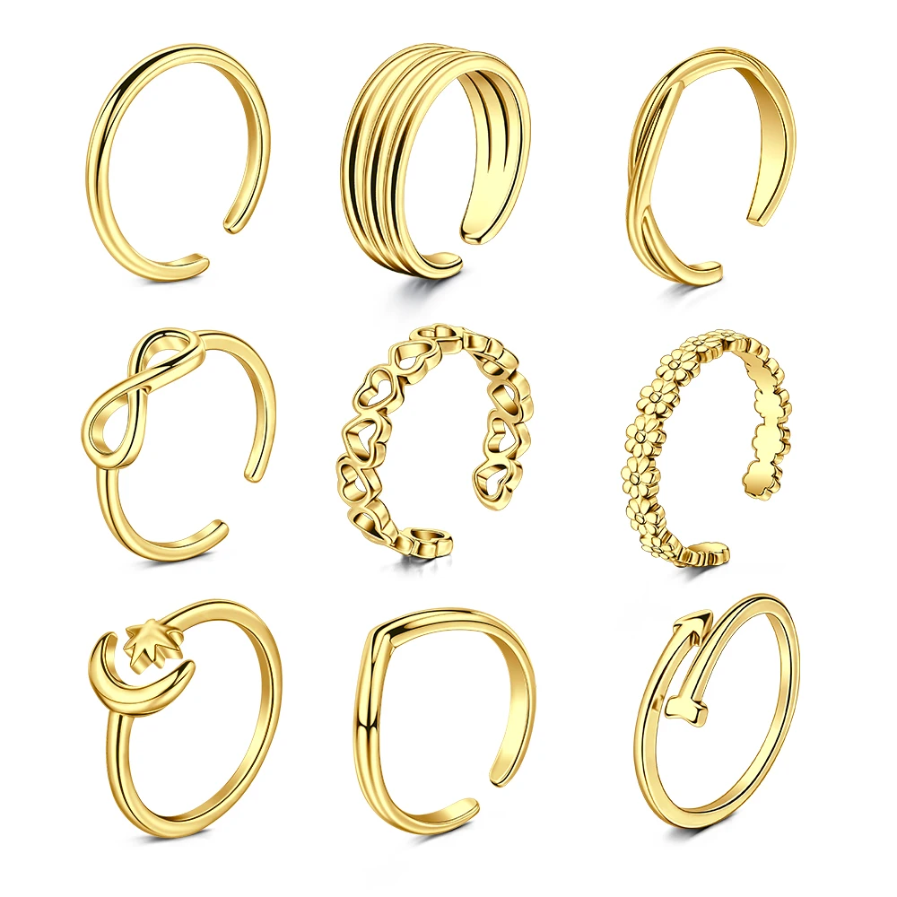 9pcs Adjustable Toe Rings Simple Beach Open Toe Set For Women Girls Cute Heart Feather Summer Toe Rings Foot Jewelry
