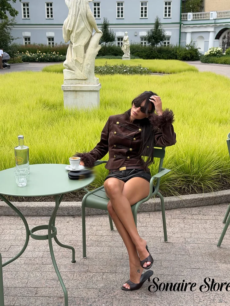 Women Patchwork Fluffy Cuff Velvet Coat Solid Stand Collar Slim Full Sleeve Short Jacket Autumn Winter Daily Elegant Outfit