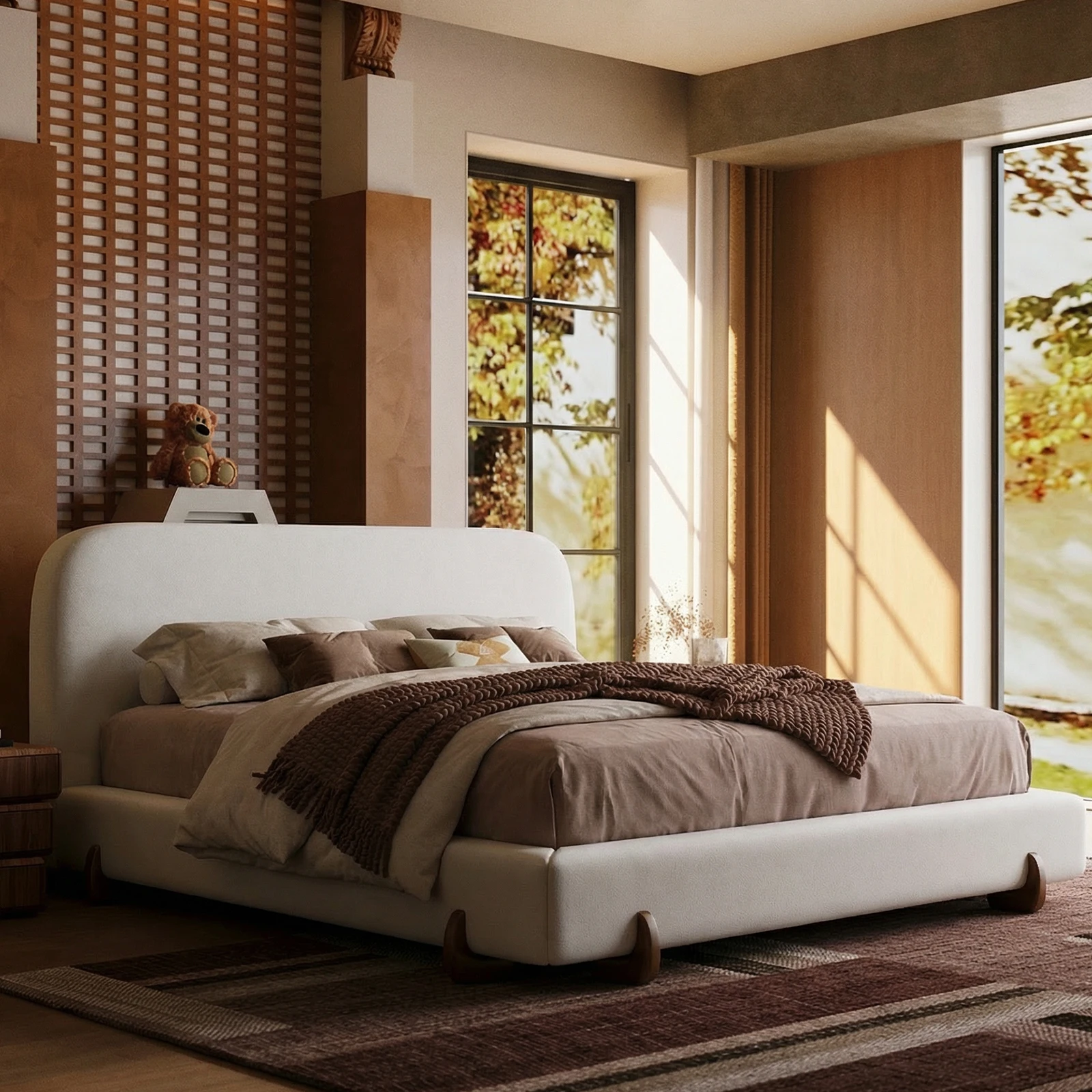 King Size Cloud Bed Frame, White Upholstered Platform Bed Frame with Soft Headboard, Wood Solid Legs, No Box Spring Required, Easy Assembly