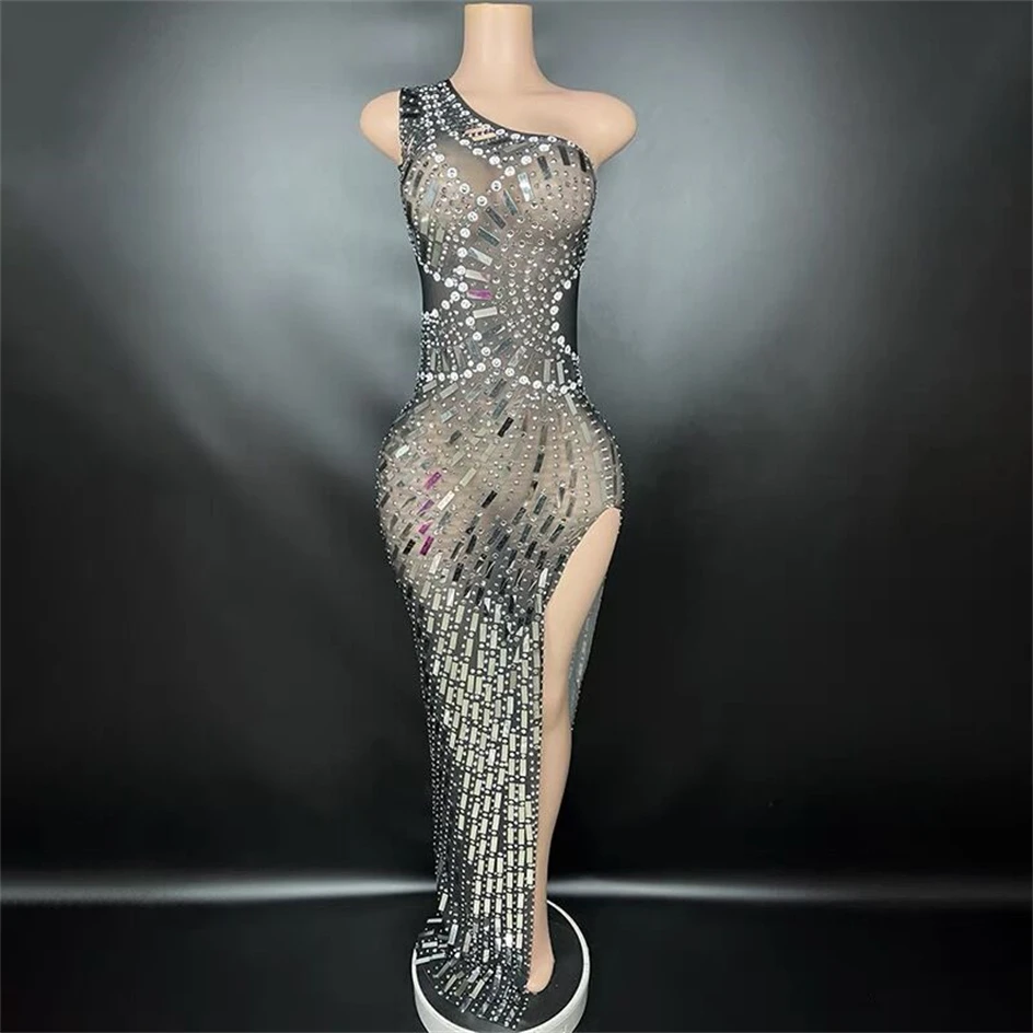 

Sparkly Mirror Surface Sequined Sexy Oblique Shoulder Slit Sheath Dress Evening Party Performance Costme Nightclub Singer Stage