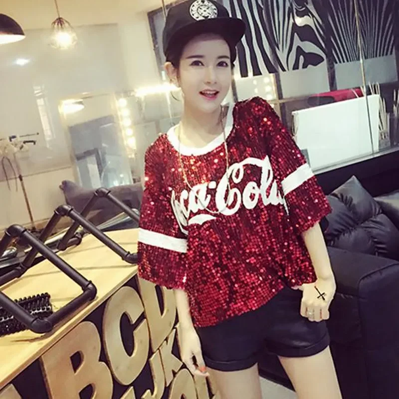 Chic Hong Kong Style Loose Fit Short Sleeve T-shirt Women's Trendy Petite Summer Glitter Top Crew Neck Design Sensibility