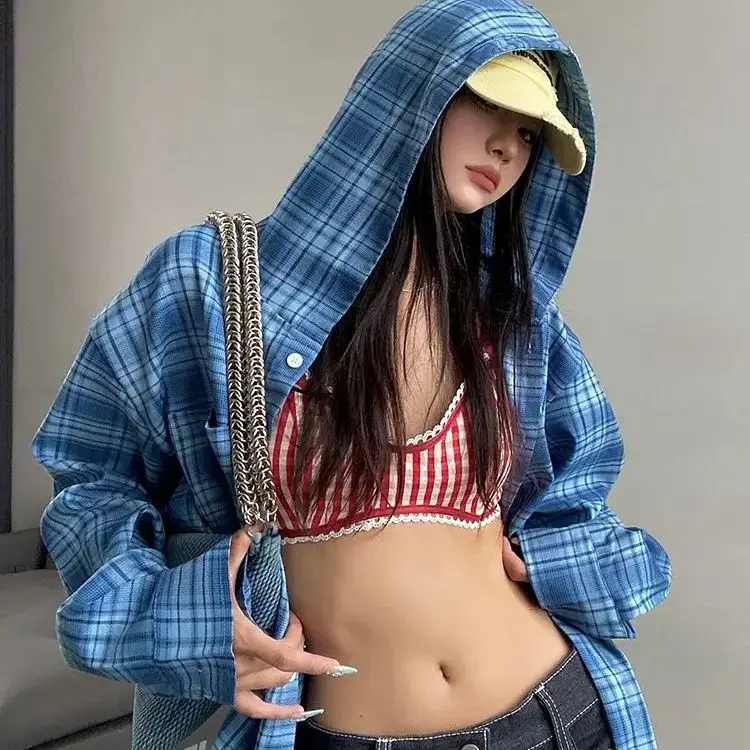 

Plaid Women Hoodie Jacket Retro American Long Sleeve Korean Style Oversized Casual Harajuku Autumn Loose 2024 Top